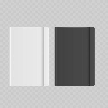 Gerçekçi Beyaz ve Gri Defter Mockup Set. Elastik Bantlı Vektör Kapalı Hardcover Günlük Şablonu