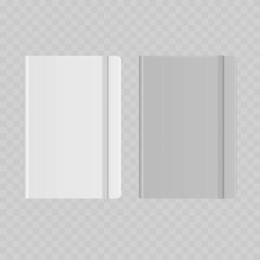 Gerçekçi Beyaz ve Gri Defter Mockup Set. Elastik Bantlı Vektör Kapalı Hardcover Günlük Şablonu