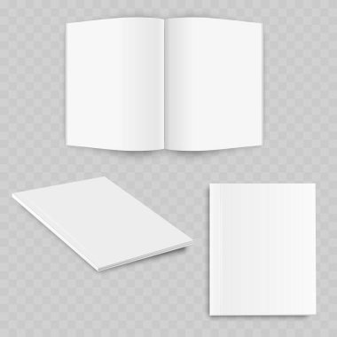 Gerçekçi Açık Dergi Model Seti. Boş Vektör Broşürü veya Yuvarlak Sayfalı Katalog Şablonu