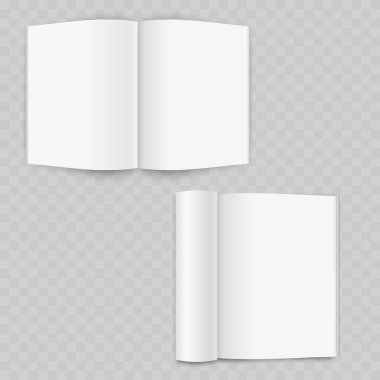 Gerçekçi Açık Dergi Model Seti. Boş Vektör Broşürü veya Yuvarlak Sayfalı Katalog Şablonu