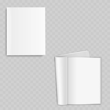 Gerçekçi Açık Dergi Model Seti. Boş Vektör Broşürü veya Yuvarlak Sayfalı Katalog Şablonu