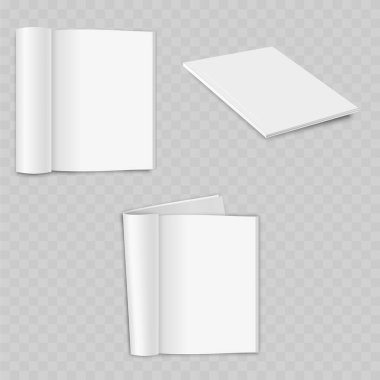 Gerçekçi Beyaz Dergi Model Seti. Vektör Aç, Kapalı ve Yuvarlanmış Broşür Şablonları