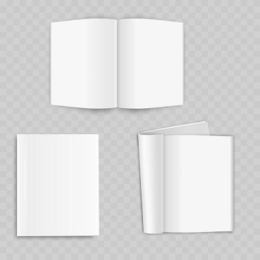Gerçekçi Beyaz Dergi Model Seti. Vektör Aç, Kapalı ve Yuvarlanmış Broşür Şablonları
