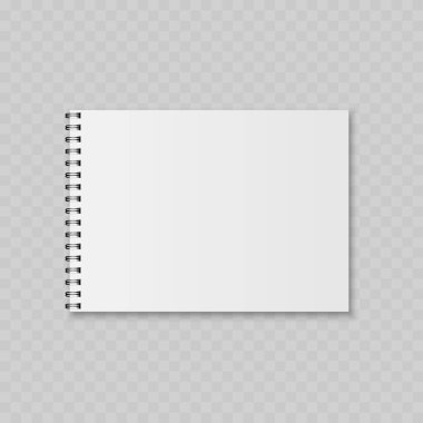 Gerçekçi Beyaz Peyzaj Not Defteri Modeli. Boş Sayfalı Vektör Yatay Çizim Defteri Şablonu