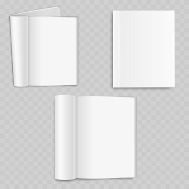 Gerçekçi Beyaz Dergi Model Seti. Vektör Aç, Kapalı ve Yuvarlanmış Broşür Şablonları