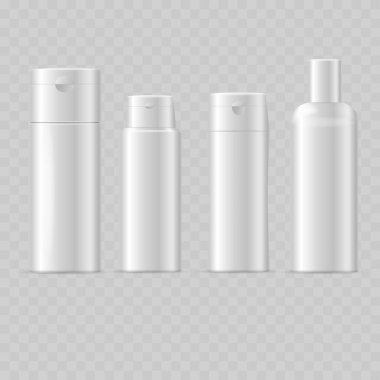 Gerçekçi Beyaz Kozmetik Şişe Moda Seti. Vector Plastik Şampuan, Losyon ve Duş Jeli Şablonları