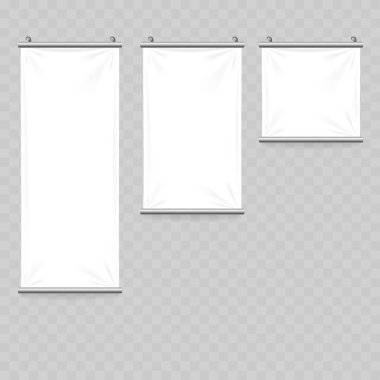Gerçekçi Beyaz Tekstil Sancak Model Seti. Vektör Asma Duvar Bayrağı, Kaydırma veya Pennant Şablonları