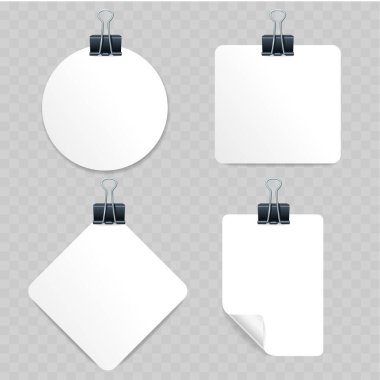 Binder Mandallı Gerçekçi Beyaz Kağıt Model Seti. Yuvarlak, Kare ve Elmas Şekillerinde Vektör Boş Not Şablonları