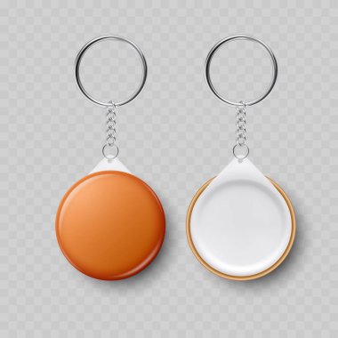 Gerçekçi Yuvarlak Düğme Anahtarlığı Mockup Seti. Vektör Turuncu ve Beyaz Plastik Anahtarlık Şablonu