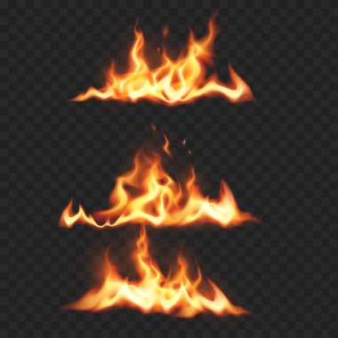 Gerçekçi Ateş Alevi Sınırı Ayarlandı. Şeffaf Arkaplanda İzole edilmiş Vektör Parlayan Yanan Çizgiler