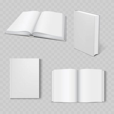 Gerçekçi Beyaz Hardcover Kitap Model Seti. Vektör Boş Aç, Kapalı ve Çevirme Sayfaları ile Duran Şablonlar
