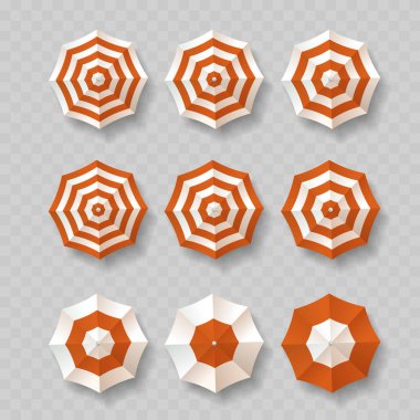 Kırmızı ve Beyaz Sahil Şemsiyeleri, Top View. Şeffaf Arkaplanda İzole Gerçekçi Çizgili Yaz Güneş Gözlükleri