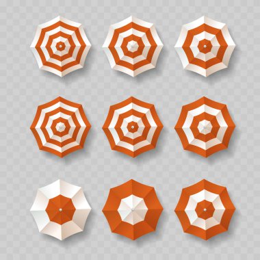 Kırmızı ve Beyaz Sahil Şemsiyeleri, Top View. Şeffaf Arkaplanda İzole Gerçekçi Çizgili Yaz Güneş Gözlükleri