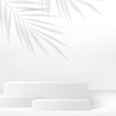 3D Minimum Beyaz Dikdörtgen Podyum Mockup. Tropikal Palmiye Yaprağı Gölgeleriyle Vektör Ürünleri Sahnesi.