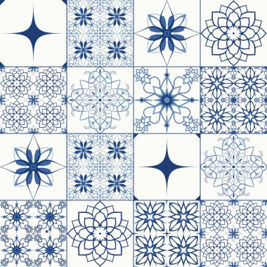 Mavi fayanslar pürüzsüz desen. Geometrik süslemeli ve geleneksel motifli arkaplan