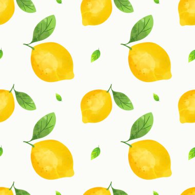 Watercolor lemon seamless pattern. Citrus design with yellow fruits and green leaves on white background.