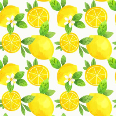 Beyaz arka planda sarı meyveli ve yeşil yapraklı turunçgil tasarımı. Suluboya limonları pürüzsüz desen. 