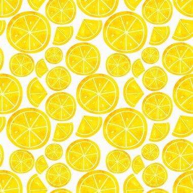 Watercolor lemons seamless backgrounds. Handpainted citrus pattern with cut lemons, slices. 