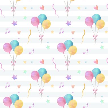 Pastel, balonları ve yıldızları olan pürüzsüz bir desen. Kalpleri ve notları olan suluboya arkaplan.