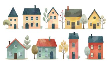 Ağaçlı suluboya İskandinav evleri. Şirin çocuksu binalar. Sıcak köy havası. Kuzey evleri 