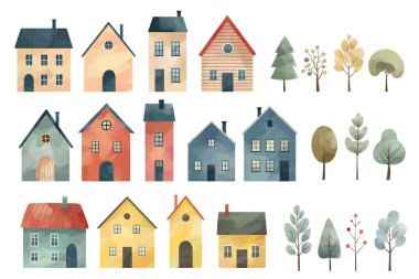 Kuzeyli evleri. Suluboya İskandinav evleri. Şirin çocuksu binalar ve ağaçlar. Sıcak köy havası. 