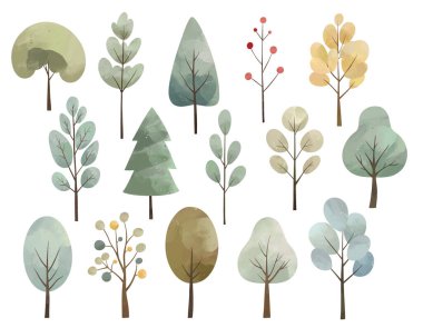 Suluboya ağaçları. Şirin İskandinav perileri. Kış ve sonbahar doğası. El çizimi illüstrasyon.