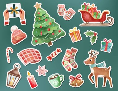 Noel suluboya seti. El yapımı kış çıkartmaları. Xmas. Ren geyiği, hediyeler, ağaç, kızak, kakao. Tatil büyüsü zamanı.