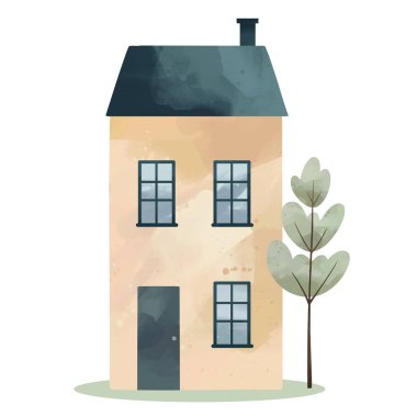 Şirin çocuksu bir bina ve ağaç. Suluboya ev. Elle çizilmiş rahat bir Avrupa evi. Kuzey İskandinav evleri