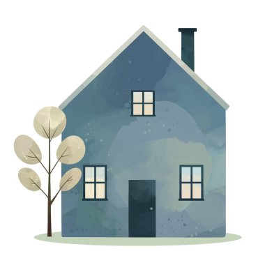 Suluboya ev. Şirin çocuksu bir bina ve ağaç. El yapımı mavi ev. Kuzey İskandinav evleri