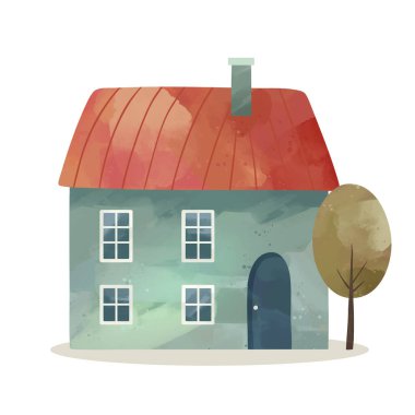 Elle çizilmiş rahat bir Avrupa evi. Suluboya ev. Şirin çocuksu bir bina ve ağaç. Kuzey İskandinav evleri