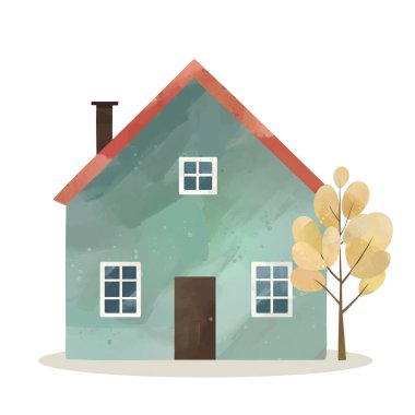 Suluboya ev. Şirin çocuksu bina ve sarı ağaç. Elle çizilmiş rahat bir Avrupa evi. Kuzey İskandinav evleri