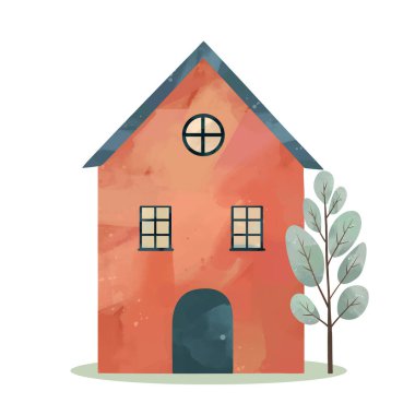 Suluboya ev. Şirin çocuksu bir bina ve ağaç. El yapımı kırmızı Avrupalı evi. Kuzey İskandinav evleri