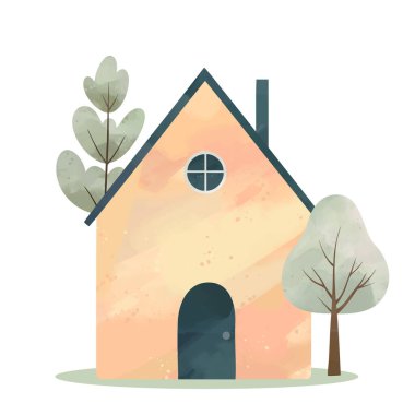 Narin turuncu renkli suluboya ev. Şirin çocuksu bir bina ve ağaç. Avrupai bir ev. İskandinav evleri