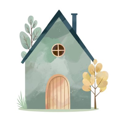 Tatlı suluboya peri evi. Vektör binası ve ağaçlar. Ev yapımı rahat bir ev. Kuzey İskandinav evleri