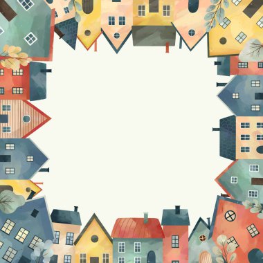 Şehir manzarası, İskandinav evleri. Avrupa kenti, evlerle çevrili. Suluboya şablonu, boş arkaplan 