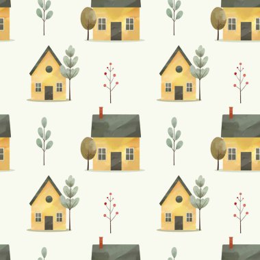 Şirin evleri ve ağaçları olan kusursuz İskandinav köyü. Suluboya sarı kulübeler arka plan