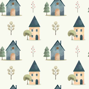 Şirin peri evleri ve ağaçları olan kusursuz İskandinav köyü deseni. Suluboya kulübeleri arka plan