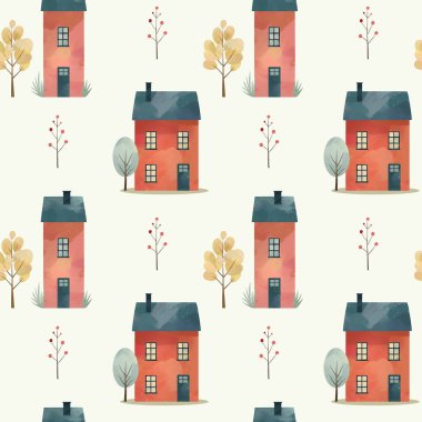 Scandinavian village seamless pattern with cute red houses and trees. Watercolor cottages background