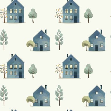 Sıcak suluboya evler. Kusursuz bir desen. Yumuşak kış köyü tasarımı. Scandi arkaplan dokusu