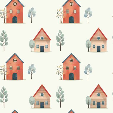 Sıcak suluboya evler. Kusursuz bir desen. Yumuşak kış köyü tasarımı. Kırmızı evlerle Scandi arkaplanı