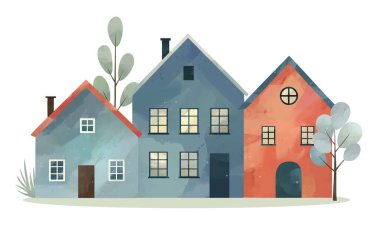 Kuzeyli evleri. Suluboya İskandinav evleri. Şirin çocuksu binalar ve ağaçlar. Sıcak köy illüstrasyonu.