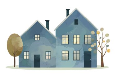 Kuzeyli evleri. Suluboya İskandinav evleri. Şirin çocuksu binalar ve ağaçlar. Sıcak köy illüstrasyonu.