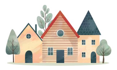 Samimi köy illüstrasyonu. Büyüleyici evler. Suluboya İskandinav evleri. Çocuksu binalar ve ağaçlar.. 