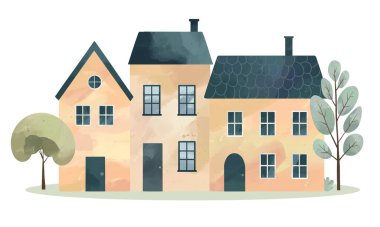 Kuzeyli evleri. Suluboya İskandinav evleri. Şirin çocuksu binalar ve ağaçlar. Samimi köy sokağı. 