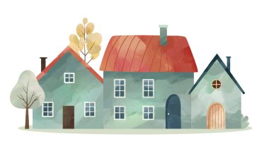 Suluboya İskandinav evleri. Kuzeyli evleri. Şirin çocuksu binalar ve ağaçlar. Rahat sokak havası.