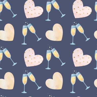 Gözlük ve kalplerle suluboya kusursuz desen. Sevgililer Günü geçmişi. Aşk kalıpları