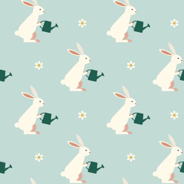 Tatlı tavşan sulama çiçekleri ile bahar pürüzsüz desen. Tekstil ve dekor için Pastel minimalist arkaplan