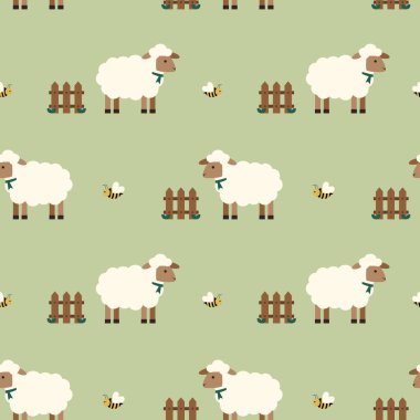 Tatlı koyunlar ve pastel renklerde arılarla kusursuz bahar deseni. Minimalist bahar arkaplanı