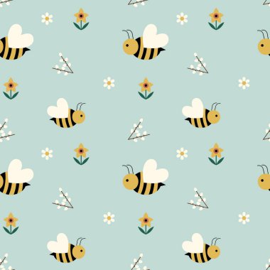 Arılar ve çiçeklerle kusursuz bahar deseni. Hassas bahar arkaplanı