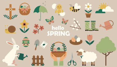 Tatlı bahar elementleri seti. Mevsimsel tasarım için ilkbahar simgeleri. Bahar çiçekleri, hayvanlar ve paskalya sembolleri minimum filat tarzında.